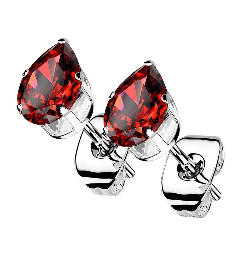 Red Teardrop CZ Stainless Steel Earrings