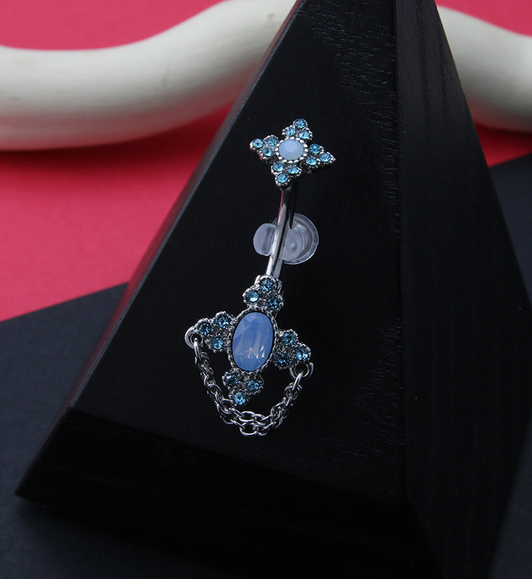 Regal Opalite Dangle Chain Aqua CZ Belly Button Ring
