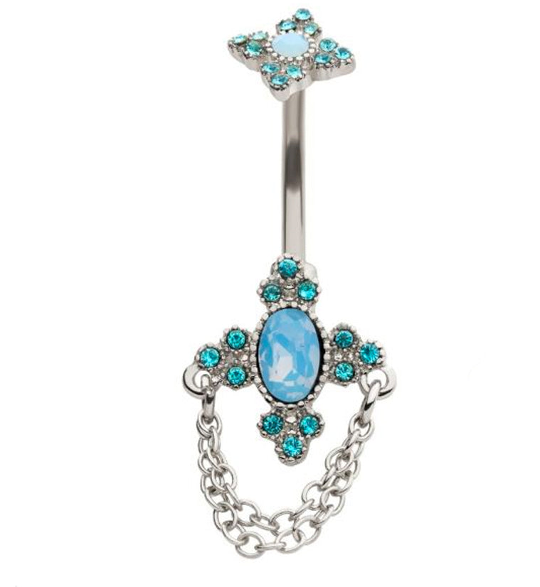 Regal Opalite Dangle Chain Aqua CZ Belly Button Ring