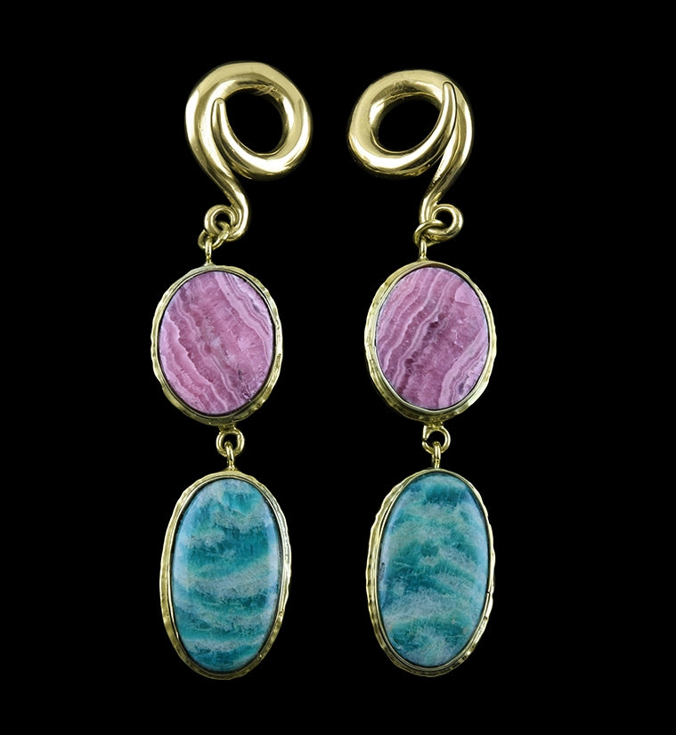 Rhodochrosite X Amazonite Stone Brass Ear Weights