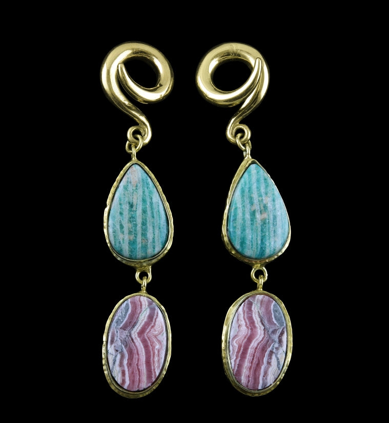 Rhodochrosite X Amazonite Stone Brass Ear Weights