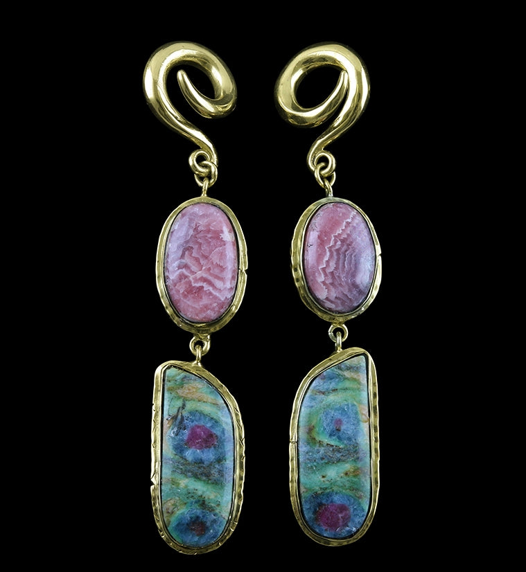 Rhodochrosite X Ruby Fuchsite Stone Brass Ear Weights