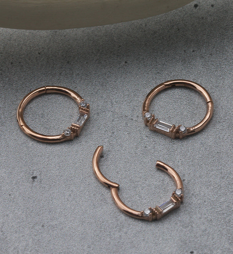 Rose Gold PVD Round & Baguette CZ Beaded Hinged Segment Ring