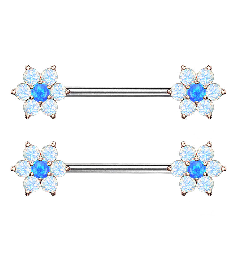 14G Blue / White Opalite Flower Rose Gold Flower Nipple Ring Barbell