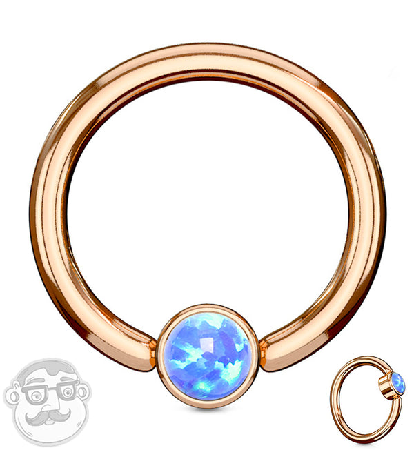 Rose Gold PVD Blue Opalite Flat Disk Captive Ring