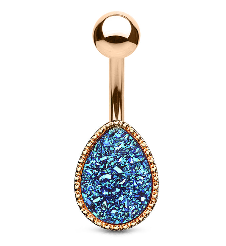 Rose Gold PVD Teardrop Blue Druzy Shield Belly Button Ring