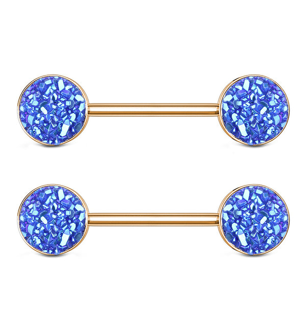 14G Rose Gold PVD Blue Druzy Nipple Ring Barbell