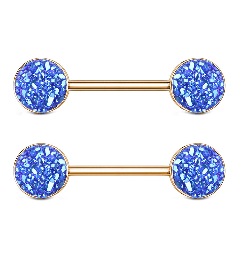 14G Rose Gold PVD Blue Druzy Nipple Ring Barbell