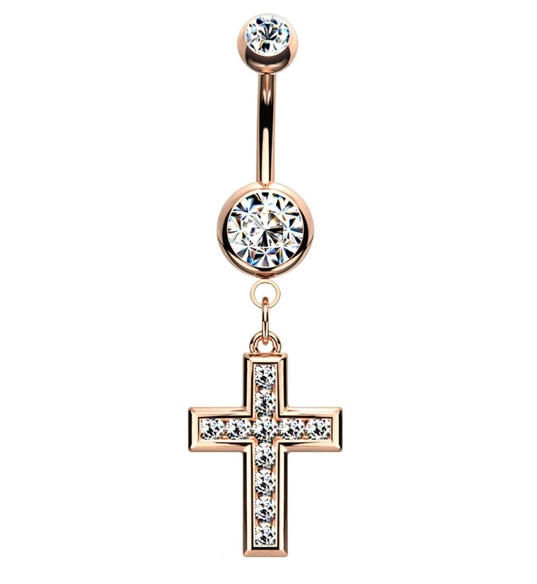 Rose Gold PVD Cross CZ Belly Button Ring V2