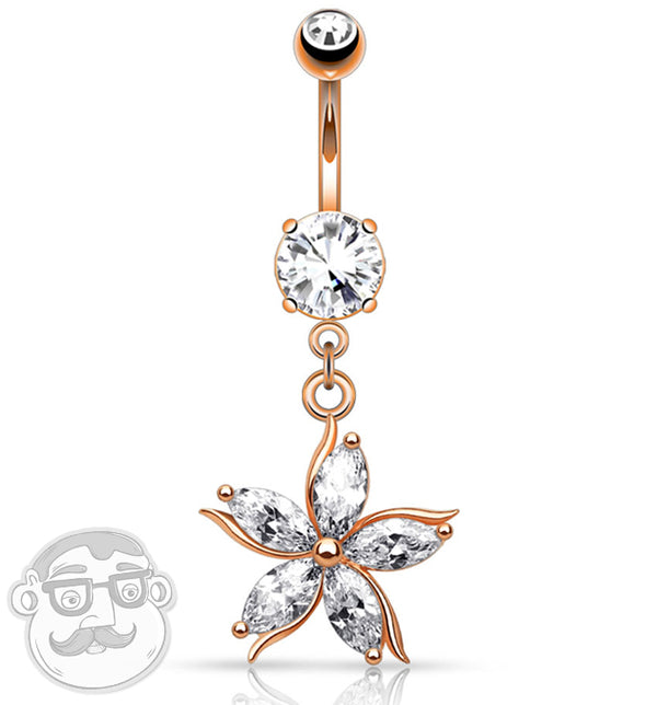 Rose Gold Floral CZ Stainless Steel Belly Button Ring