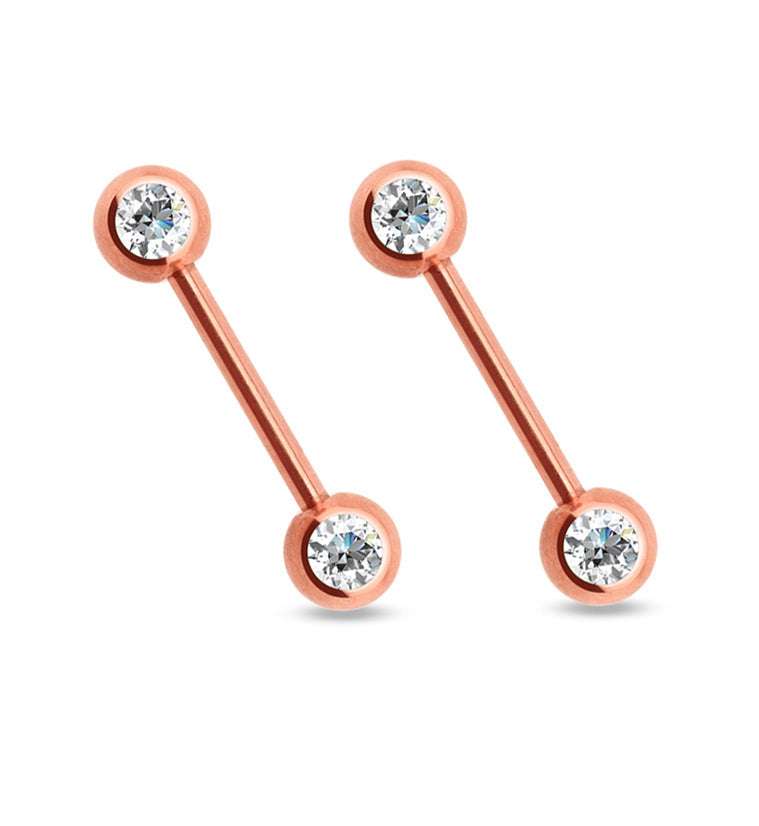 14G Double CZ Rose Gold Nipple Ring Barbell