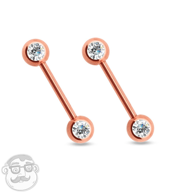 14G Double CZ Rose Gold Nipple Ring Barbell