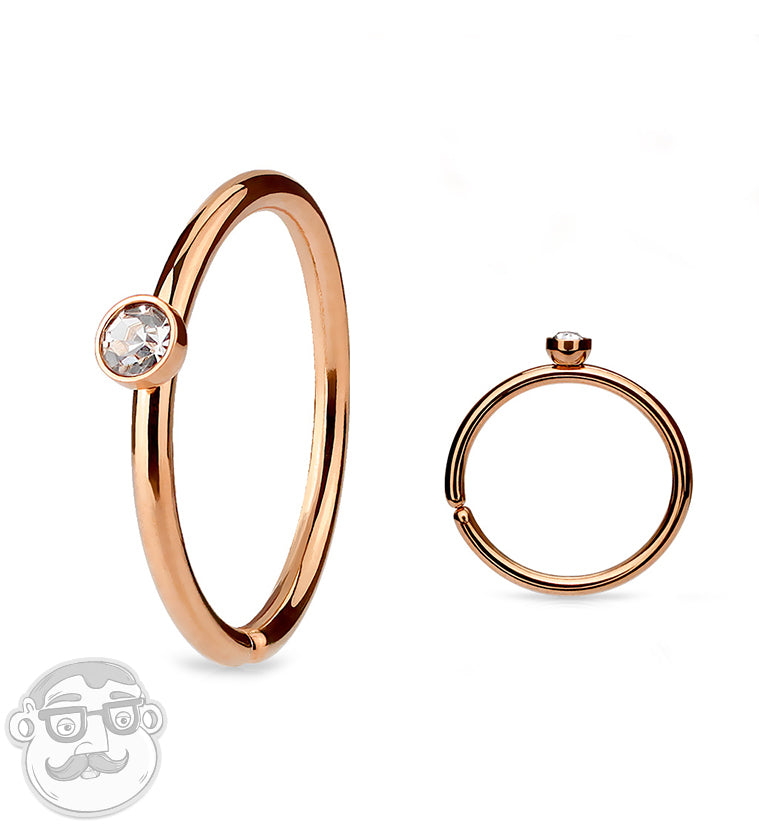 20G PVD Rose Gold Stainless Steel Nose Hoop with Micro CZ Gem