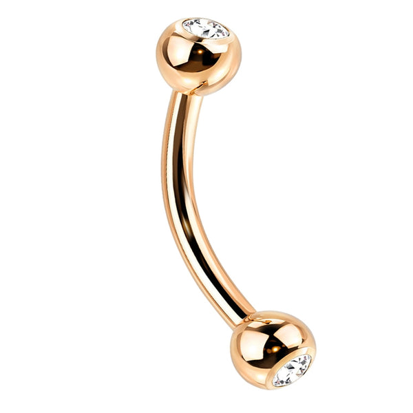 16G Rose Gold PVD Titanium Double CZ Curved Barbell (External Threading)