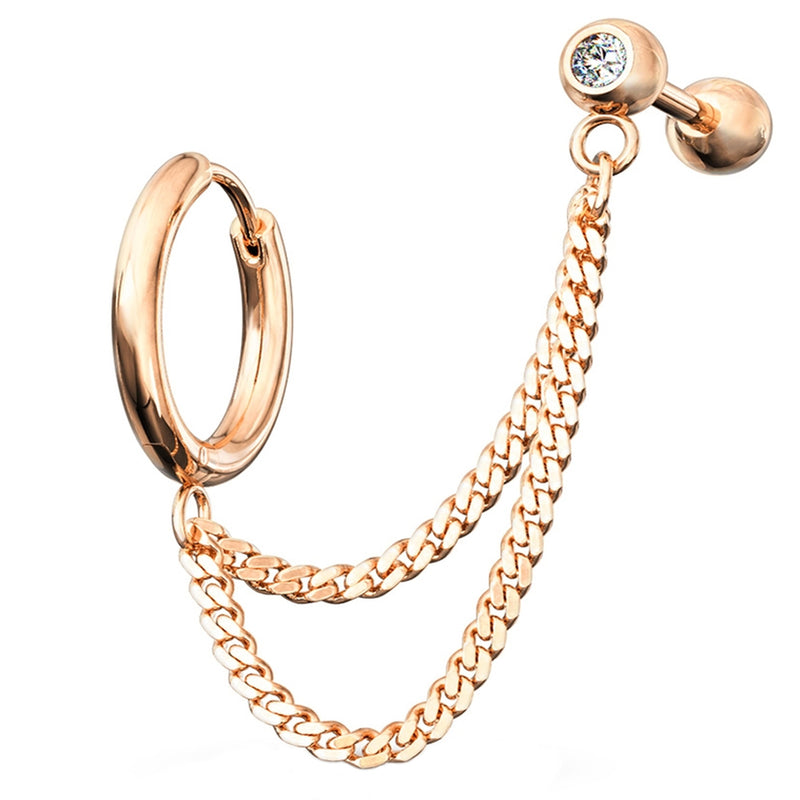 Rose Gold PVD Double Linked Hinged Hoop Ring & CZ Cartilage Barbell
