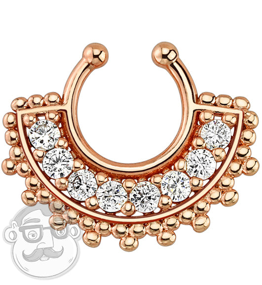 Rose Gold With Clear Gem Tribal Fan Fake Septum Ring Hanger