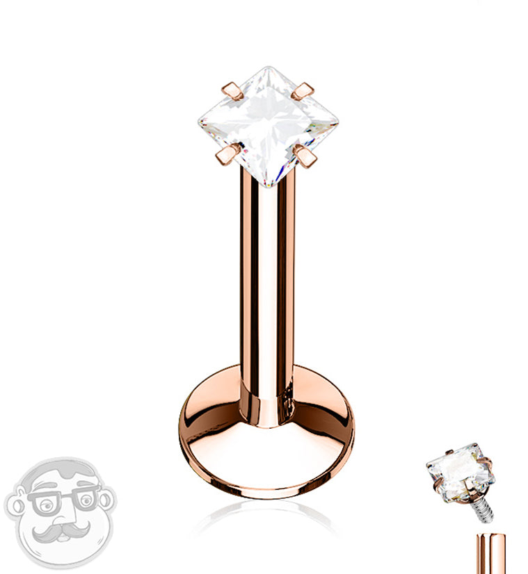 Rose Gold PVD Sqaure CZ Prong Internally Threaded Labret