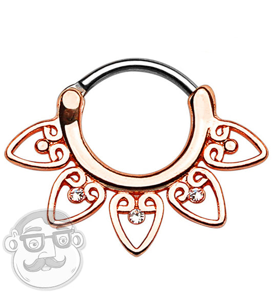 16G Rose Gold Heart CZ Gem Fan Septum Clicker
