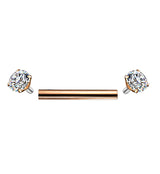 Rose Gold PVD Double Round CZ Prong Set Stainless Steel Barbell