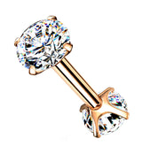 Rose Gold PVD Double Square CZ Prong Set Stainless Steel Barbell