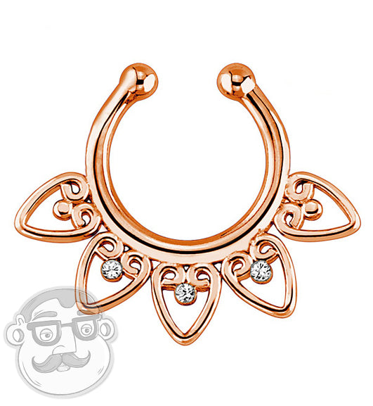 IP Rose Gold Heart Gem Fan Fake Septum Ring Hanger