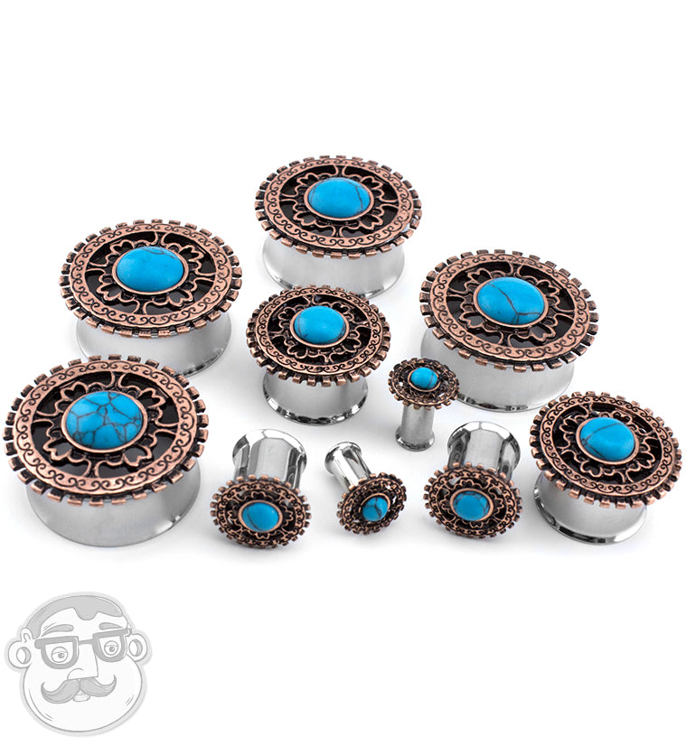 Rose Gold Lineal Top With Turquoise Inlay Steel Plugs