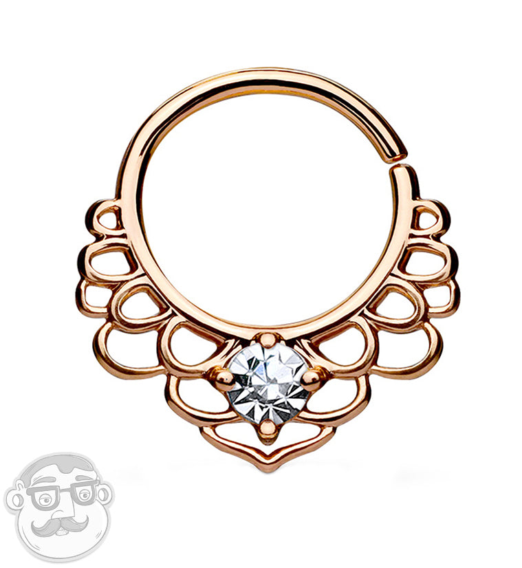 16G Rose Gold Brass Lotus Single CZ Septum Ring