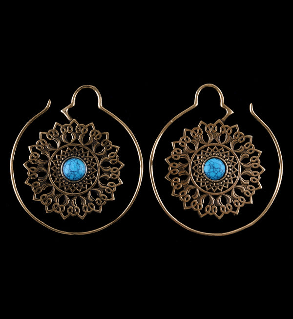 Mini Rose Golden Brass Tribal Plate Turquoise Howlite Stone Hangers