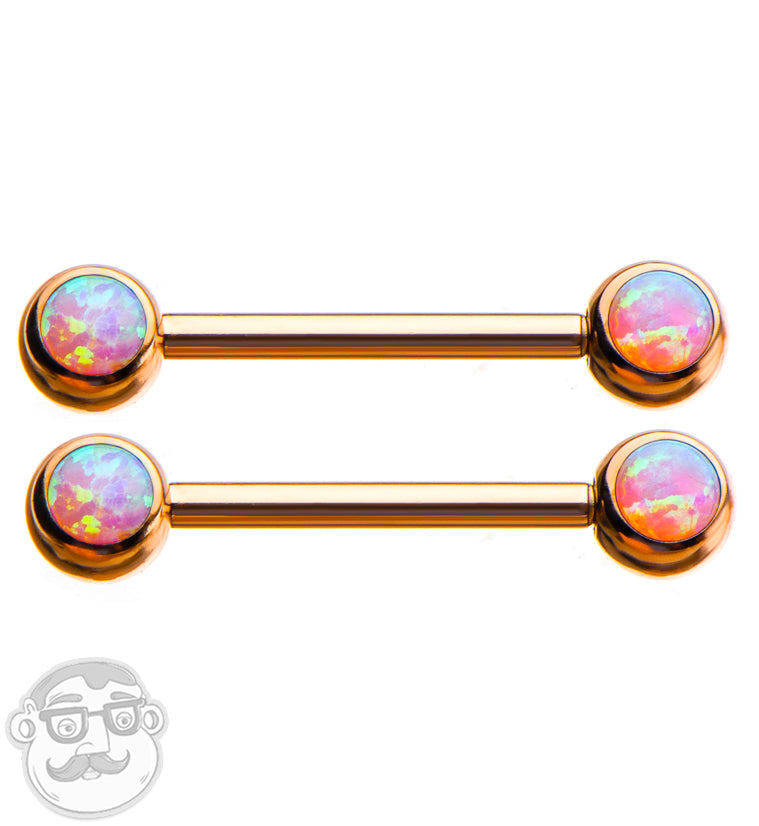 14G Pink Opalite Rose Gold PVD Nipple Ring Barbell