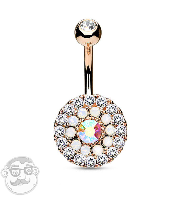 Rose Gold PVD Rainbow Aurora CZ & Opal Disk Belly Button Ring