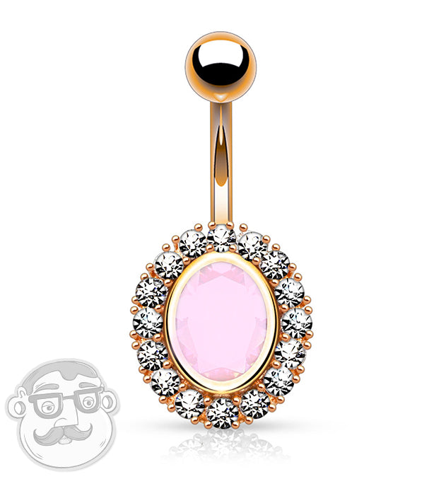 Rose Gold Plated Oval Pink CZ Rim Single CZ Belly Button Ring