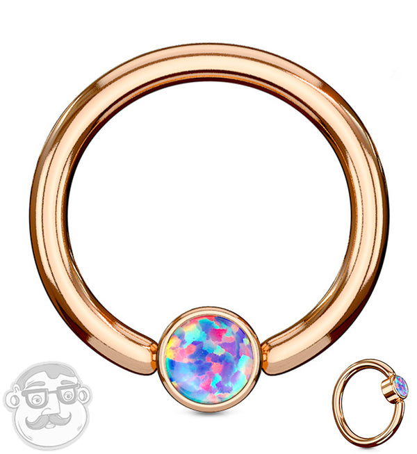Rose Gold PVD Purple Opalite Flat Disk Captive Ring