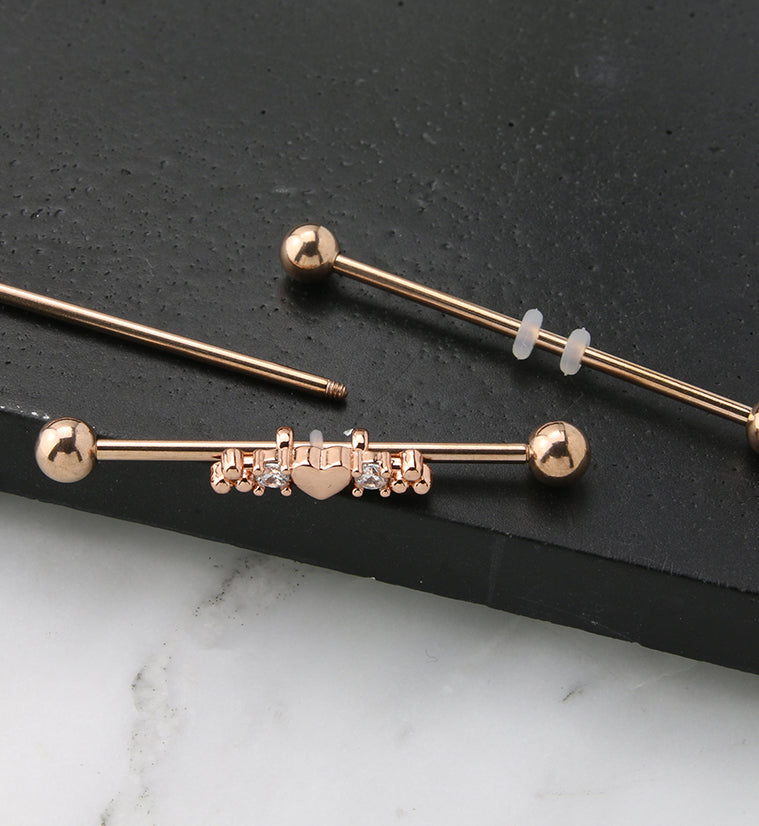 Rose Gold PVD Beaded Heart CZ Industrial Barbell