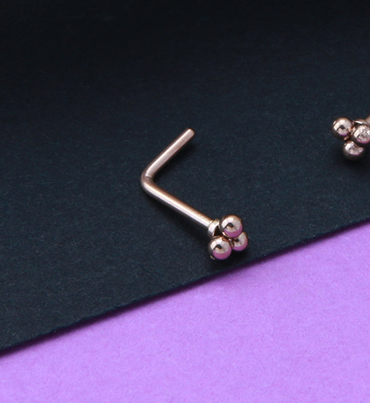 Rose Gold Beaded Triad L Bend Nose Stud