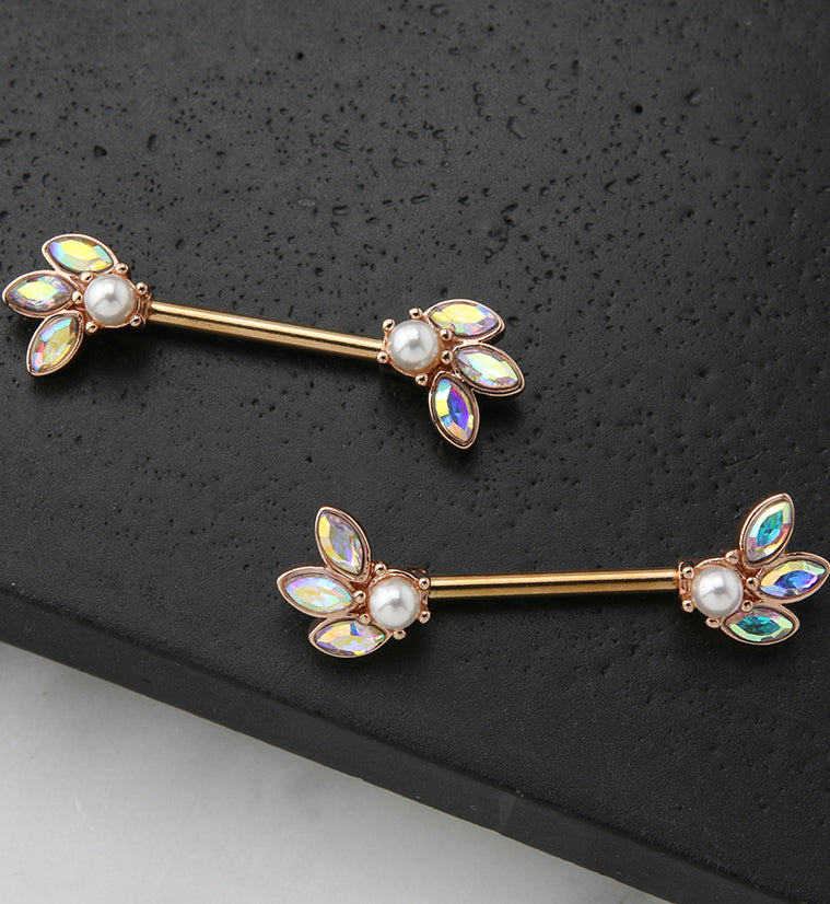 Rose Gold PVD Blossom Pearl and Rainbow Aurora CZ Stainless Steel Nipple Barbell