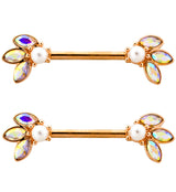 Rose Gold PVD Blossom Pearl and Rainbow Aurora CZ Stainless Steel Nipple Barbell