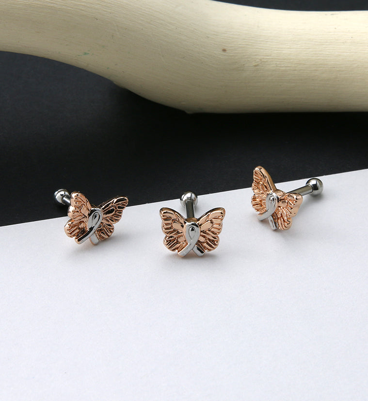 Rose Gold PVD Butterfly Breast Cancer Ribbon Cartilage Barbell