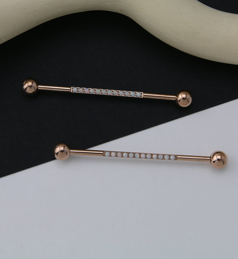 Rose Gold PVD Center Line White Opalite Titanium Industrial Barbell