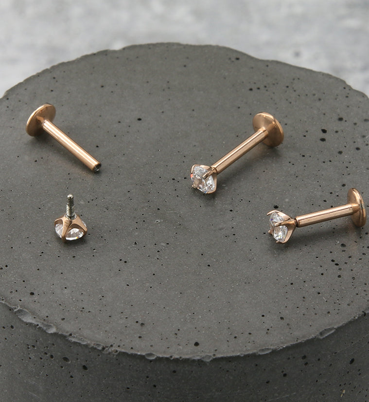 Rose Gold PVD Clear CZ Prong Labret Stud (Convex Disk)