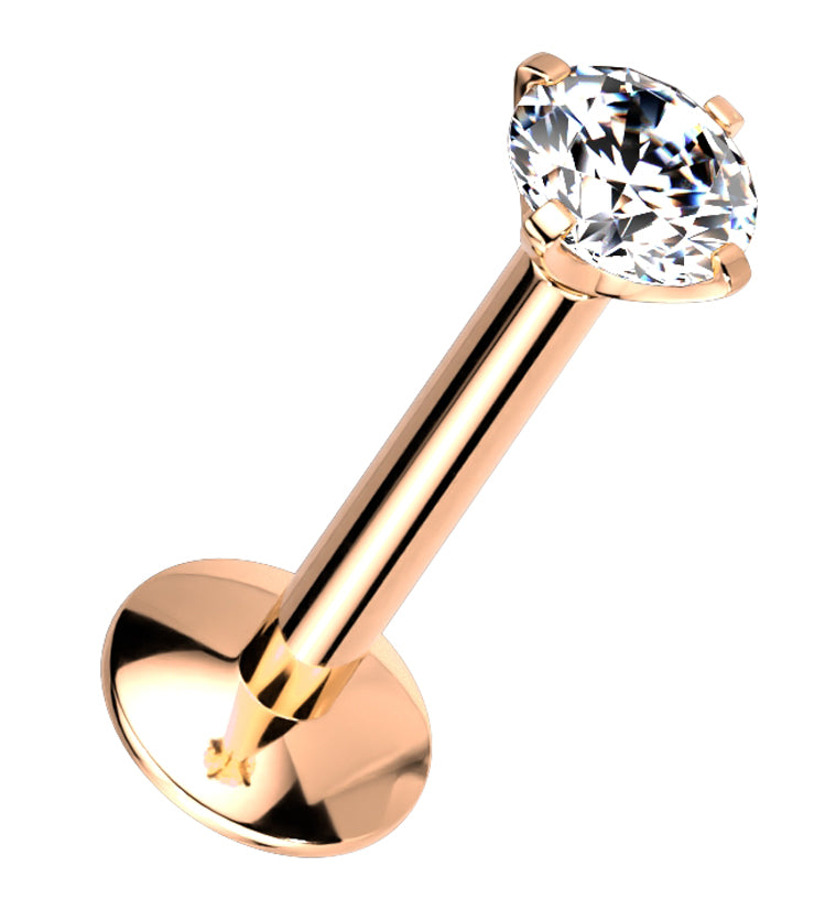 Rose Gold PVD Clear CZ Prong Labret Stud (Convex Disk)
