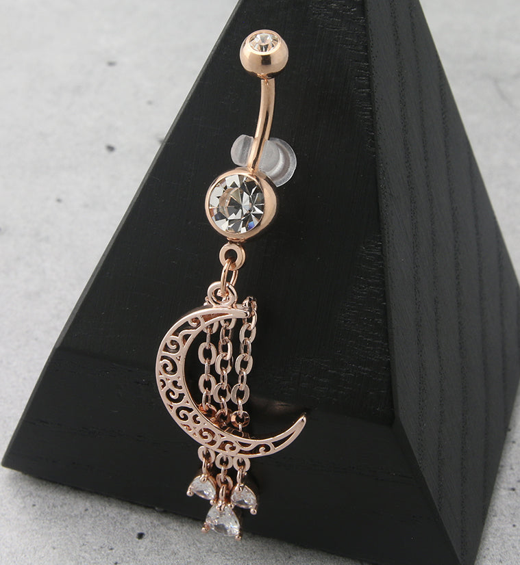Rose Gold PVD Crescent Dangle Chain CZ Belly Button Ring