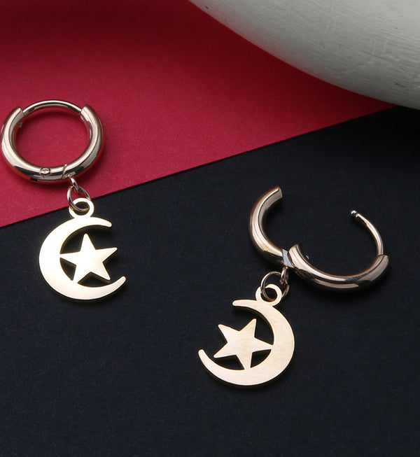 Rose Gold PVD Crescent Star Stainless Steel Hinged Earrings