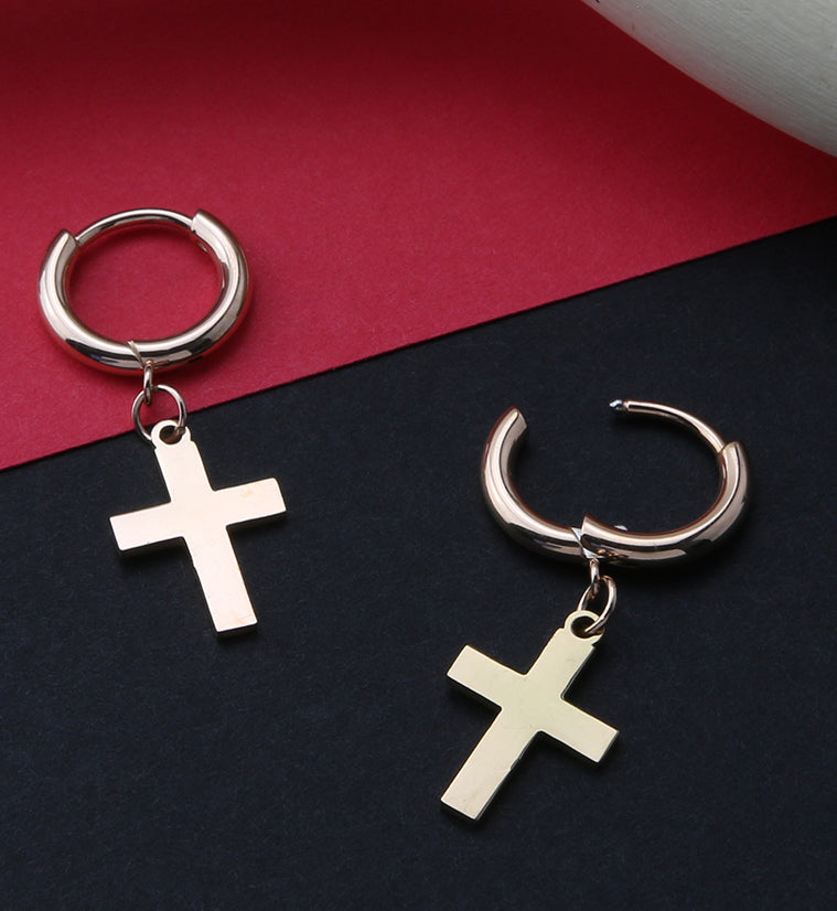 Rose Gold PVD Cross Stainless Steel Hinged Earrings