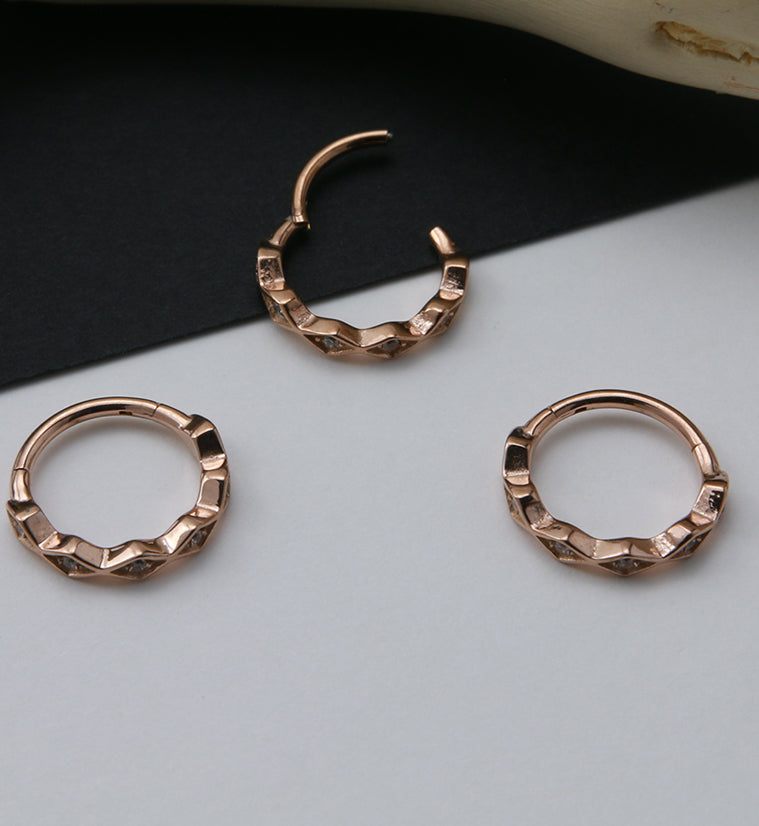 Rose Gold PVD Diamond Shaped Clear CZ Hinged Segment Ring