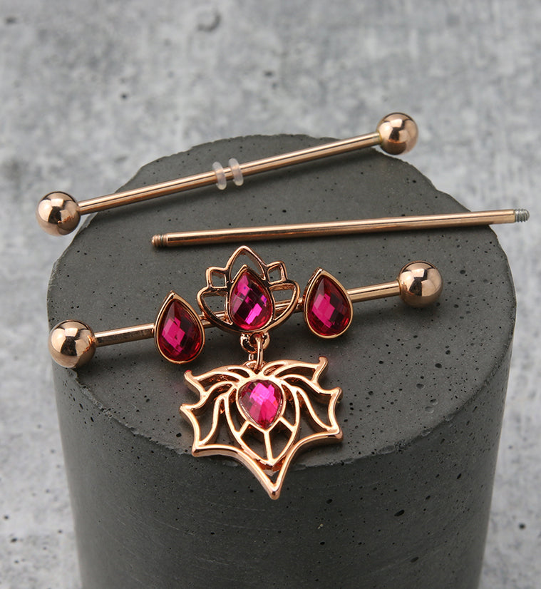 Rose Gold PVD Lotus Spider Pink CZ Industrial Barbell