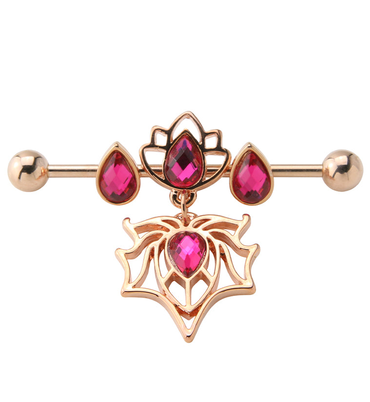 Rose Gold PVD Lotus Spider Pink CZ Industrial Barbell