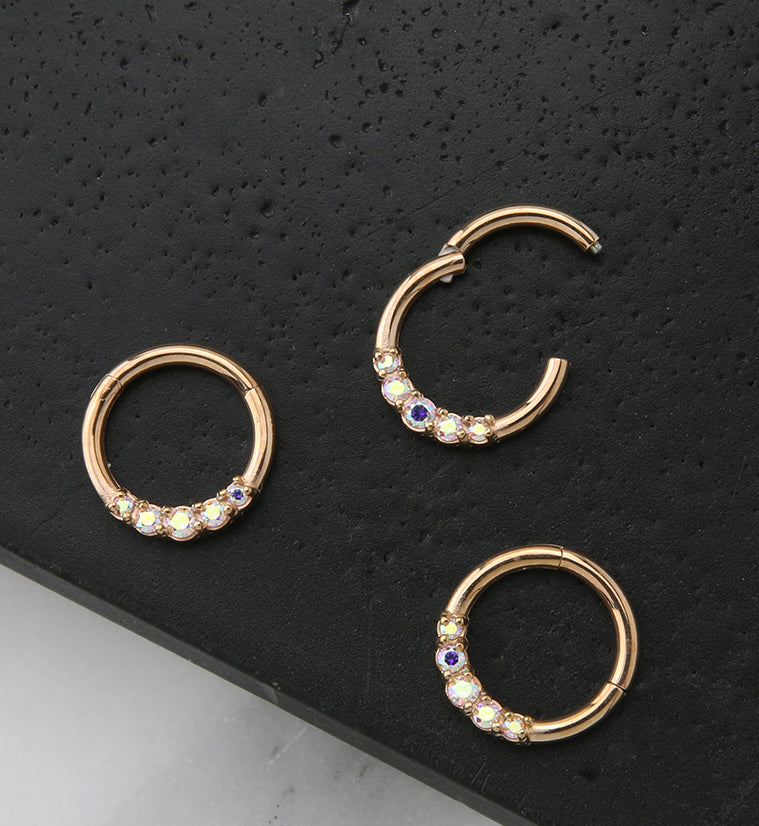 Rose Gold PVD Mere Rainbow Aurora CZ Hinged Segment Ring