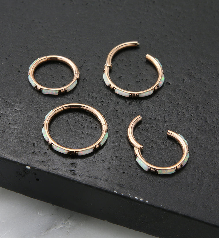 Rose Gold PVD Oblong White Opalite Edge Hinged Segment Ring