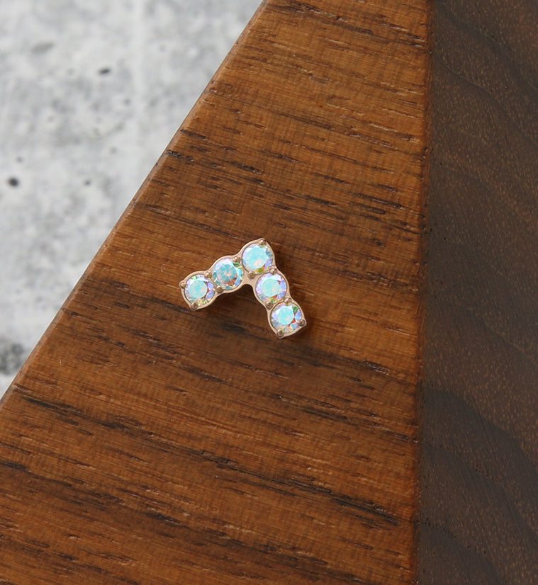 Rose Gold PVD Point Rainbow Aurora CZ Threadless Titanium Top