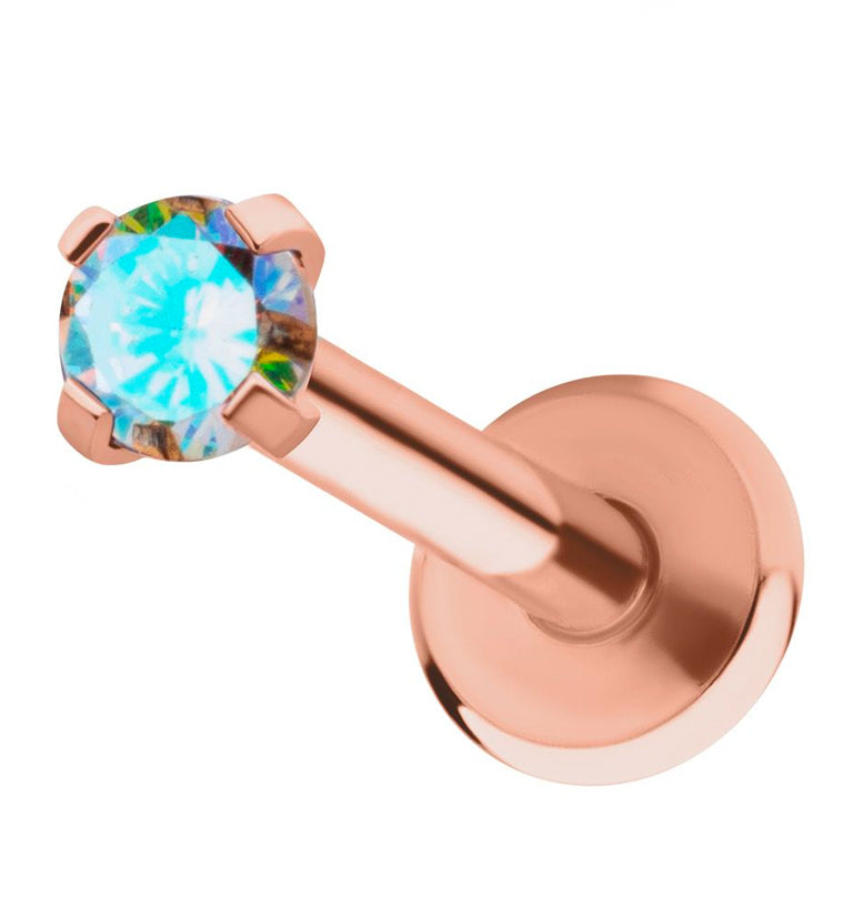 Rose Gold PVD Rainbow Aurora Prong CZ Stainless Steel Internally Threaded Labret